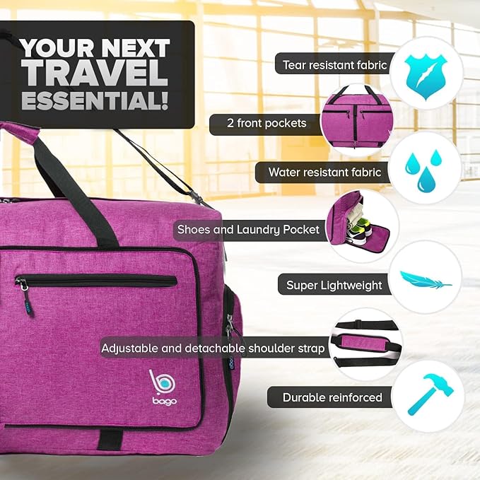Bago Large Duffle Bag for Travel Women & Men. Durable Lightweight Foldable Travel Duffel Bags For Traveling Women. 80L Duffle Bags For Overnight Bag With Shoe Compartment Collapsible Weekender duffel
