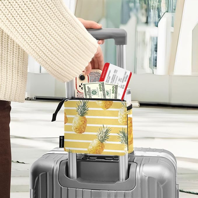 Summer Yellow Striped Pineapples Luggage Cup Holder Travel Portable Free Hand Drink Carrier Suitcase Drinks Beverage Holder Carry-On Bottle Mug Holder Organizer Bag Travelers Accessories