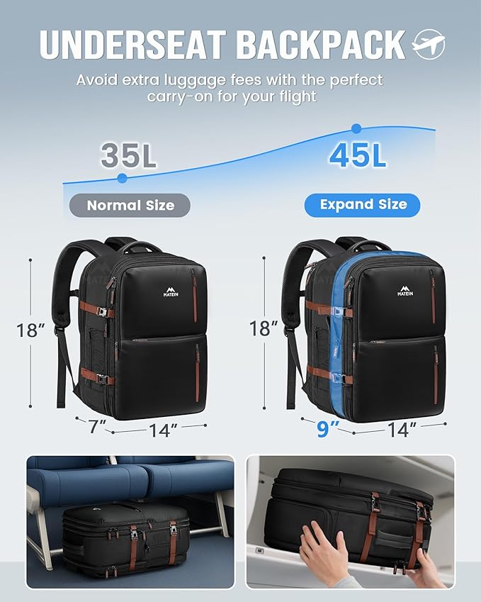 MATEIN 18x14x8 Inches Travel Backpack Personal Item, Expandable Underseat Backpack for Airplane with Shoe Compartment, TSA Airline Approved Carry on Bag Luggage Mochila Fit 17" Laptop, Black Brown