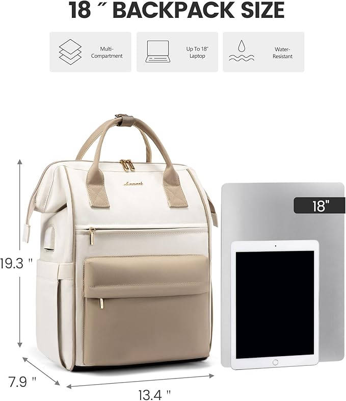 LOVEOVOOK 18Inch Laptop Backpack for Women, Large Capacity Travel Backpack with USB Charging Port, Waterproof Work Backpack for Business, College, Nursing & Airline Travel,Beige