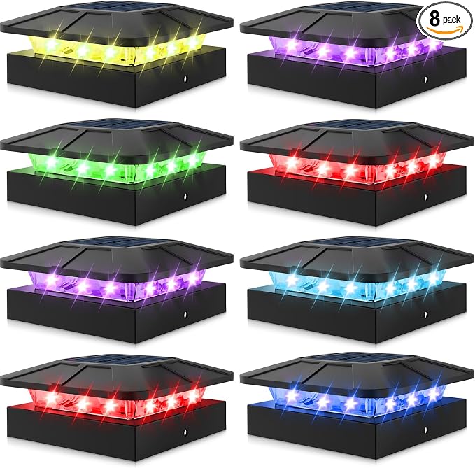 8 Packs 4x4 Solar Post Cap Lights RGB Color Changing | Post Top Light Solar Fit 4x4/3.5×3.5 Wood & Vinyl Posts, Waterproof Caps Lighting for Outside Fence Deck Porch Yard Mailbox