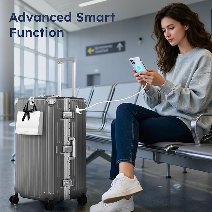 ALPHA CAMP Trunk Luggage, Large 28 Inch Thickened Aluminum Frame Luggage with TSA Spinner Wheels, 3-Layer PC Hardside Zipperless Travel Suitcase, Type-C USB Charging Port, Cup Holder, Grey