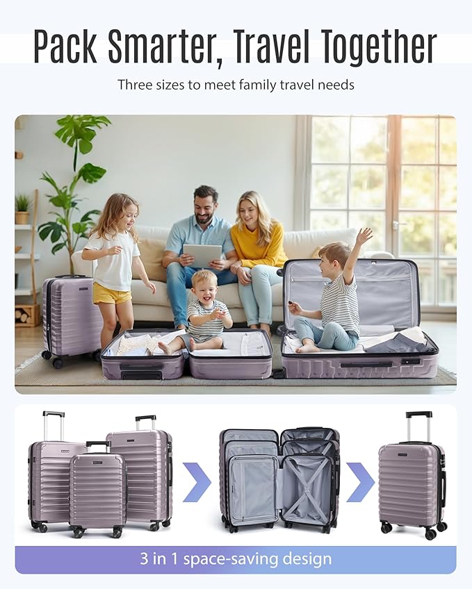 LIGHT FLIGHT Luggage Sets, 3 Piece Durable Suitcase Set with Spinner Wheels, 3 Pcs Hardside Lightweight luggage with TSA Lock, Large Checked Travel Suitcases, 20/24/28 Inch, Rose Purple