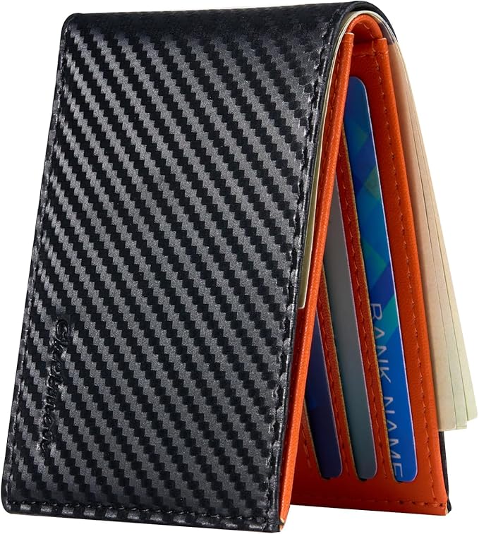 Chelmon Slim Wallet for Men ID Window with RFID Blocking Front Pocket Minimalist Bifold Bussiness Card Holder Gift for Men, Carbon Black & Orange