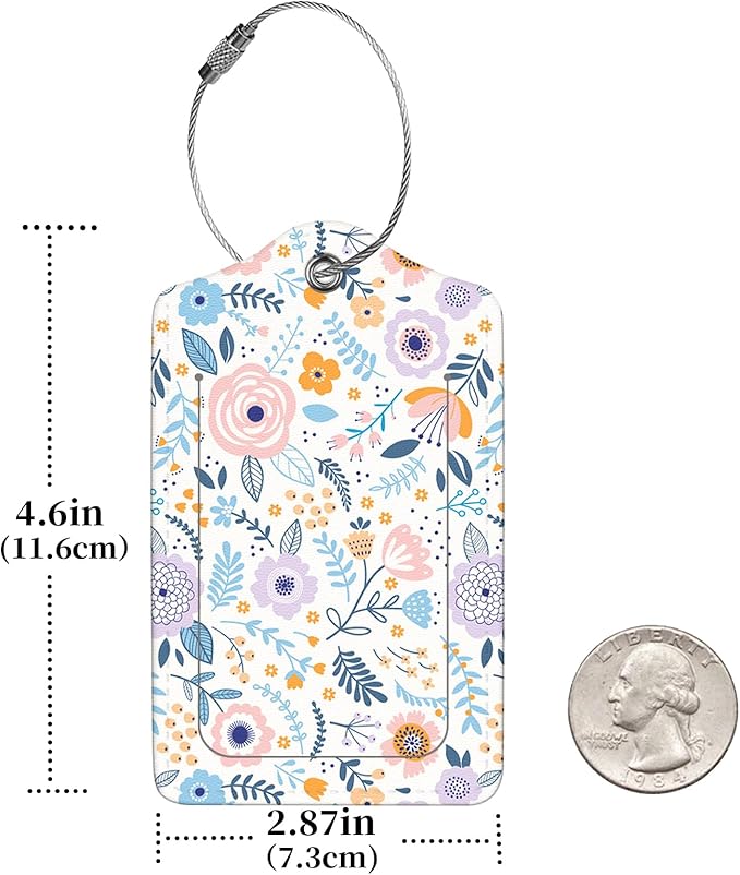 2 Pcs Luggage Tags for Suitcase, Cute Unique PU Leather Travel Bag Tag with Privacy Cover ID Label Address Card and Durable Metal Ring Suitable for Men Women Children Backpack,Colorful Flowers A