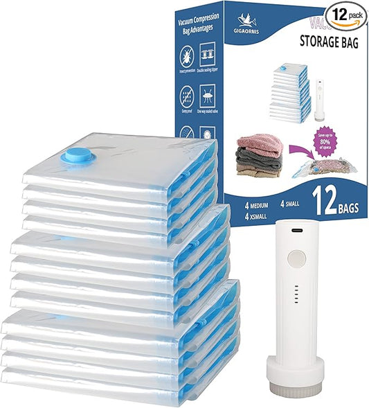 12 Pack Travel Space Saver Vacuum Storage Bags, Vacuum Seal Compression Bags for Clothes, Packing, Luggage, Blankets, Comforters and Pillows, Cordless Rechargable Electric Pump Included
