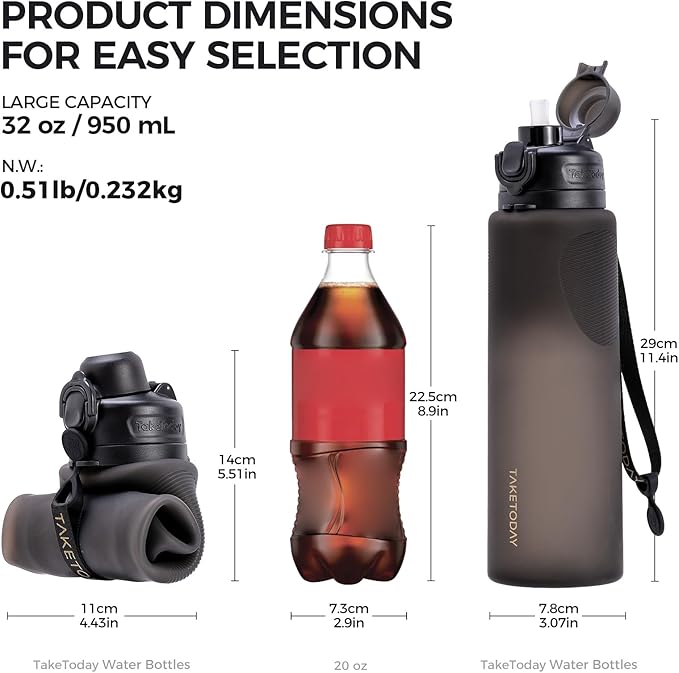 TakeToday Collapsible Water Bottles 32oz, Foldable Travel Bottle, TSA-Approved Leakproof Newly Silicone Water Bottle for Hiking, Travel, Outdoors, Green