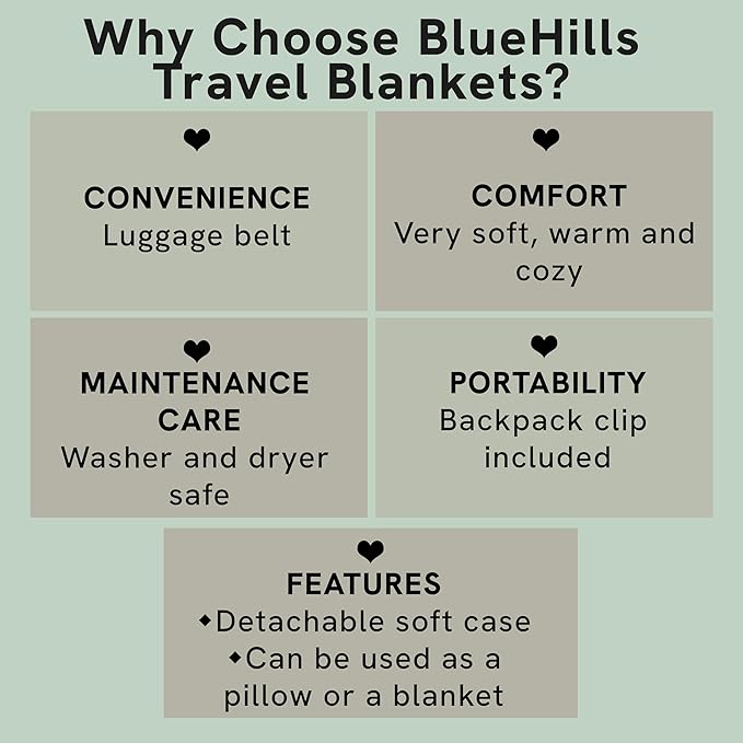 BlueHills Premium Soft Plush Travel Blanket Pillow for Airplane Traveling Essentials in a Bag Flight Throw with Hand Luggage Belt Backpack Clip Compact Portable Plane Accessories Grayish Blue - T026