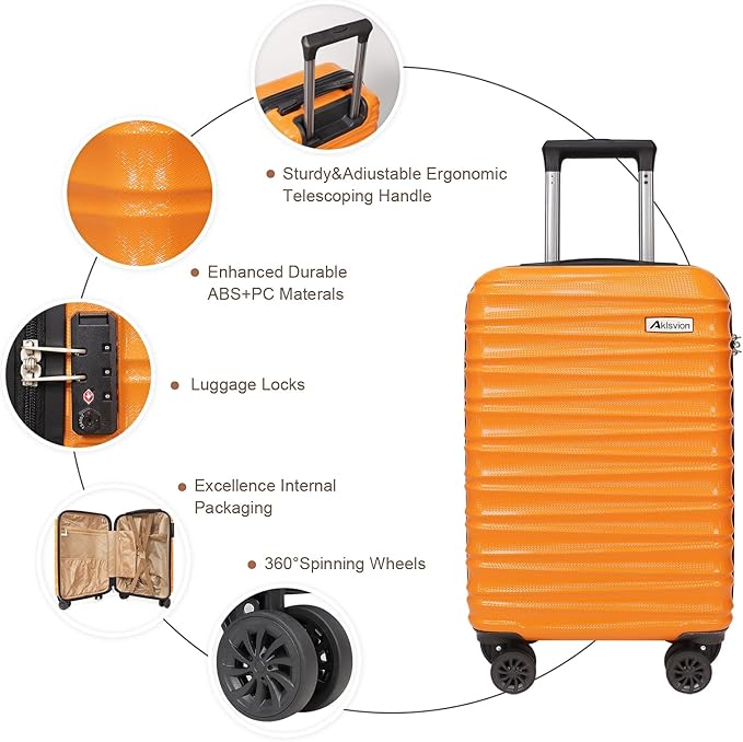 Carry on luggage 20 In suitcase with Spinner Wheels ABS & PC Hardside Luggage（Orange）