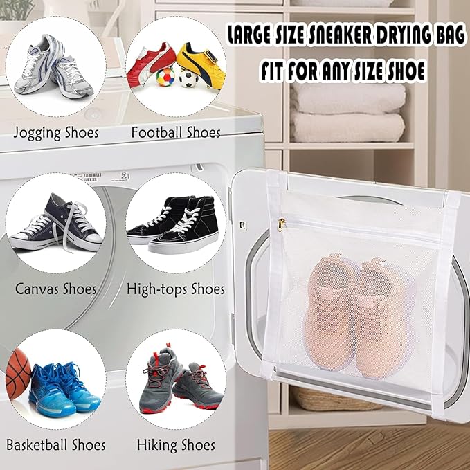 Sneaker Drying Bag, Shoe Dryer Mesh Bags, Sneaker Wash & Dry Net Bag for Dryer, Large HoneyComber Mesh Laundry Bags with Zipper and Strap for Most Dryers Door, 15.7"x13.8" (White & Grey)