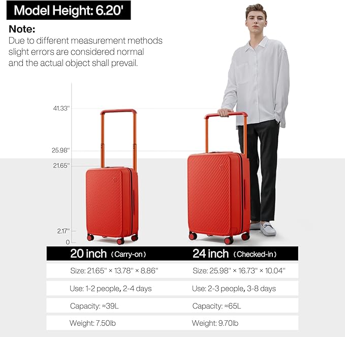 mixi Carry On Luggage Airline Approved 20'' Lightweight Luggage Wide Handle PC Hardshell Suitcases with Spinner Wheels & TSA Lock, Red