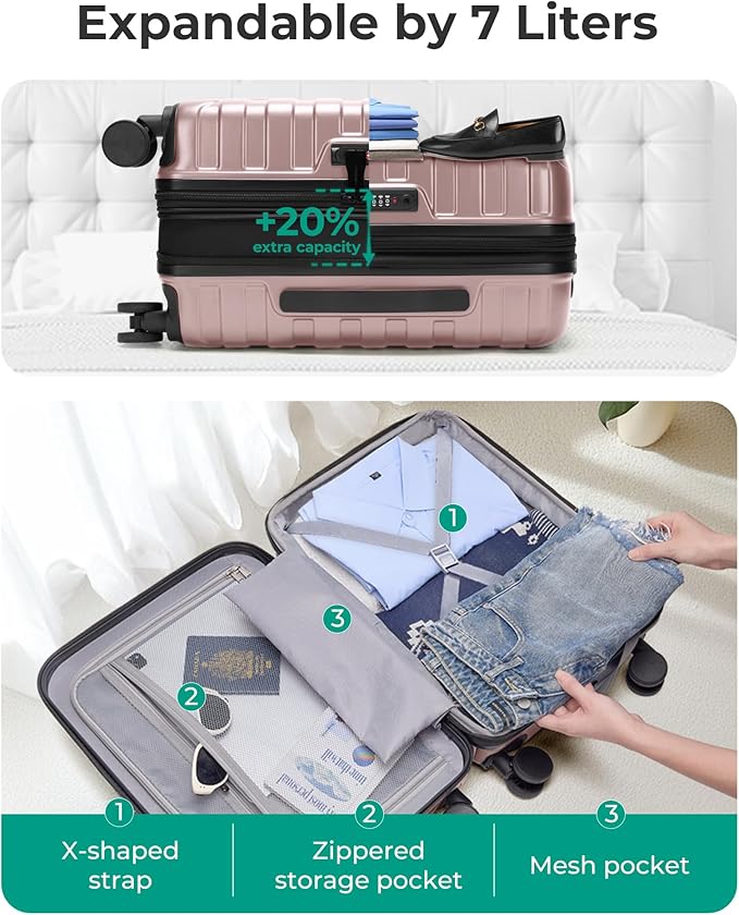 BAGSMART Carry On Luggage 22x14x9 Airline Approved with Spinner Wheels,Lightweight 20 Inch Luggage with TSA Lock,Expandable Hard Shell Carry On Suitcases for Men Women,Rose Gold