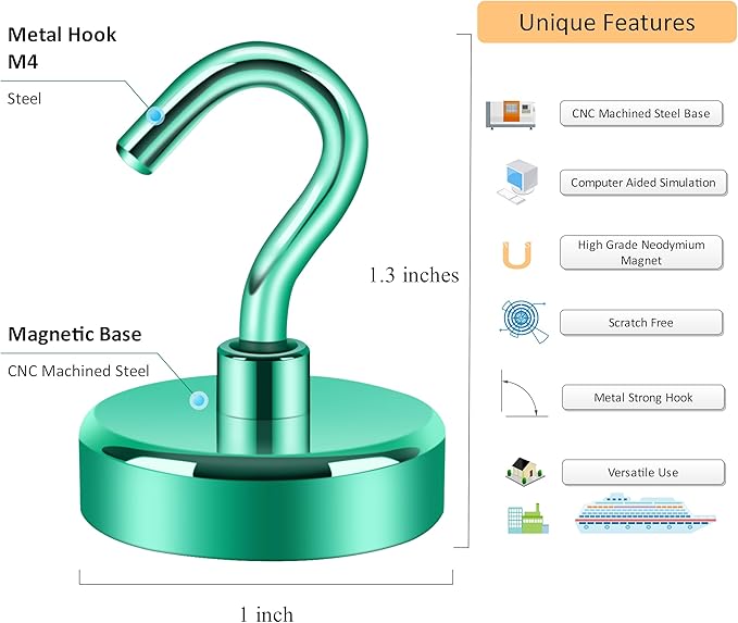 Neosmuk Magnetic Hooks,85lb Heavy Duty Earth Magnets with Hook for Refrigerator, Extra Strong Cruise Hook for Hanging, Magnetic Hanger for Curtain, Grill(Green, 6 Pack)
