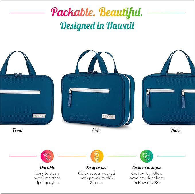 Eco Sun Hanging Travel Toiletry Bag — Designed in Hawaii — Water-Resistant Travel Organizer for Bathroom Accessories (Blue)