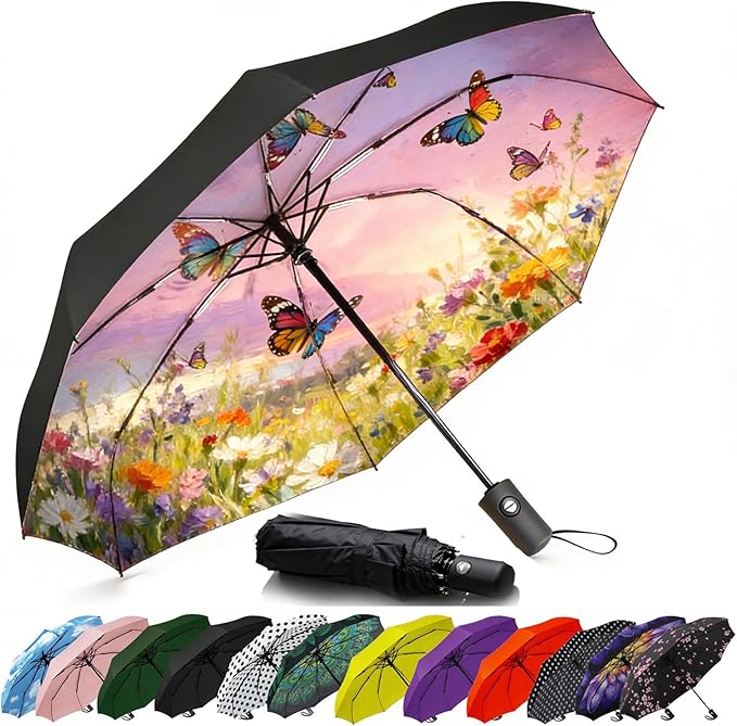 SIEPASA Compact Travel Umbrella - Windproof Auto Open/Close, Lightweight Folding Umbrella wIth Fiberglass Frame & Waterproof Canopy. Fits Backpack/Purse. (Garden Butterfly)