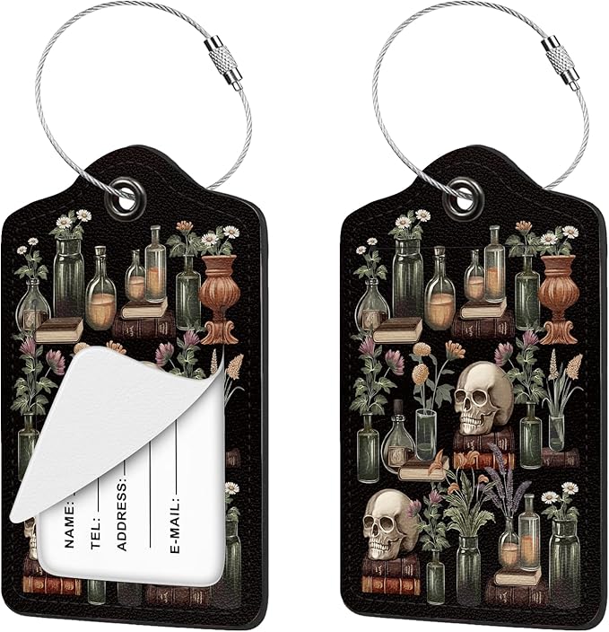 2 Pcs Luggage Tag for Suitcases, Skull Book Plants Funny PU Leather Suitcase Tag Privacy Cover ID Label with Metal Loop, Personalized Baggage Identifier for Women Bag Travel Essentials