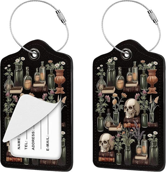 2 Pcs Luggage Tag for Suitcases, Skull Book Plants Funny PU Leather Suitcase Tag Privacy Cover ID Label with Metal Loop, Personalized Baggage Identifier for Women Bag Travel Essentials