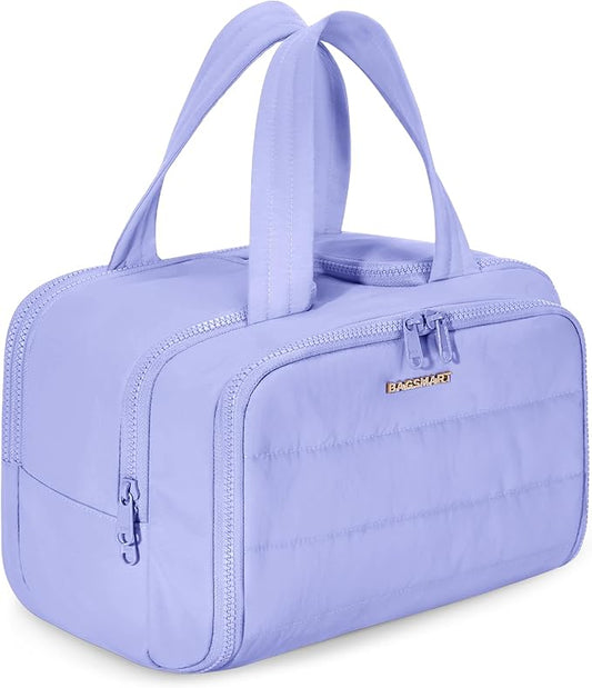 BAGSMART Travel Toiletry Bag, Crush Toiletry Bag for Women, Wide-open Puffy Toiletry Bags for Traveling, Large Travel Cosmetic Makeup Bag Organizer for Accessories,Toiletrie, Purple