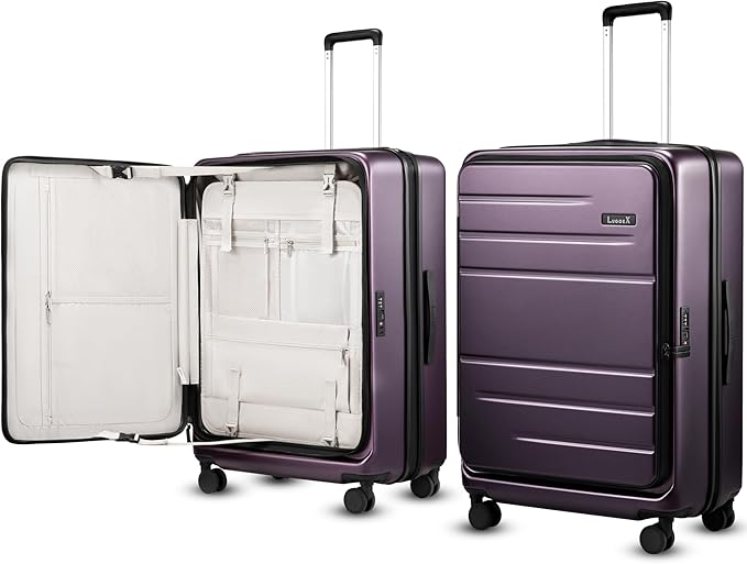 LUGGEX Checked Suitcase with Spinner Wheels, FLO5 Top Opening Expandable Polycarbonate Hard Shell Suitcase with TSA Approved Lock (FX-Core, Purple, 28 Inch)