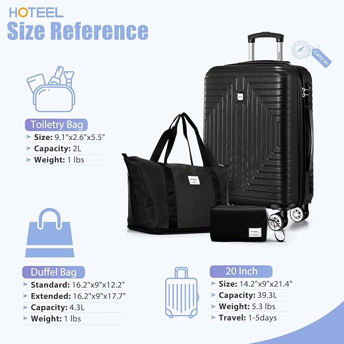 Hoteel Luggage Sets 3 Piece ABS+PC Hardside, 4-Year Warranty, Luggage Set with Dual-Spinner Wheels, TSA Lock, Lightweight Carry on Luggage, 20" Suitcase with Duffel & Organizer, Black
