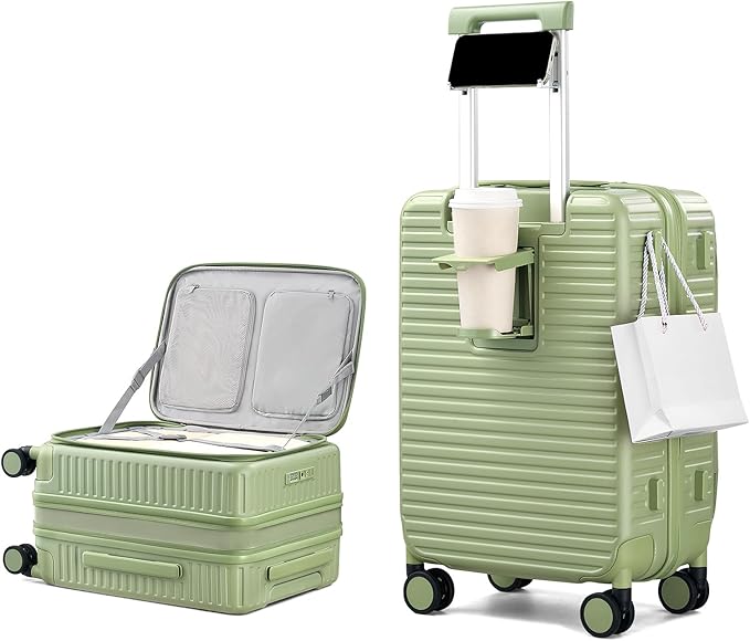 20 Inch Carry on Luggage 22x14x9 Airline Approved Hard Shell Suitcases with Wheels, Top Opening Expandable Carry on Luggage with Cup Holder Small Rolling Suitcase with Lock, Bamboo Green