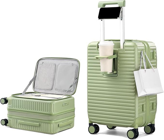 20 Inch Carry on Luggage 22x14x9 Airline Approved Hard Shell Suitcases with Wheels, Top Opening Expandable Carry on Luggage with Cup Holder Small Rolling Suitcase with Lock, Bamboo Green
