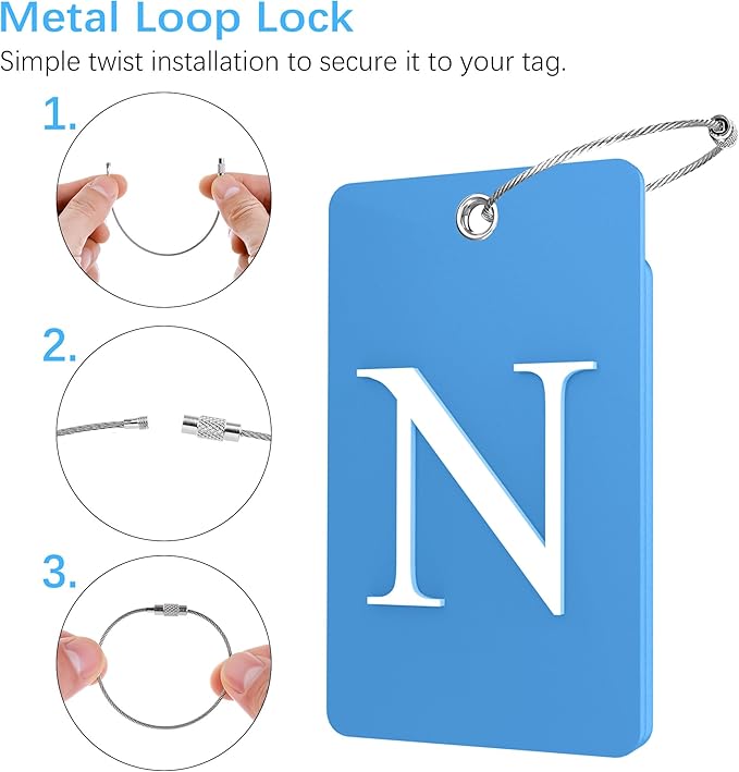 Gostwo 2 Pack Luggage Tags for Suitcases, 26 Initial Letter Travel Luggage Baggage Identification Labels ID Tag Fully Bendable Tags with Stainless Steel Loop (Blue) (Letter N)