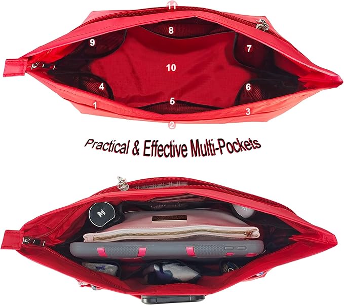 Time Wing Handbag Tote Purse Organizer Insert Bag Liner Shaper Divider Zipper 11 Pockets Compartments Medium Red