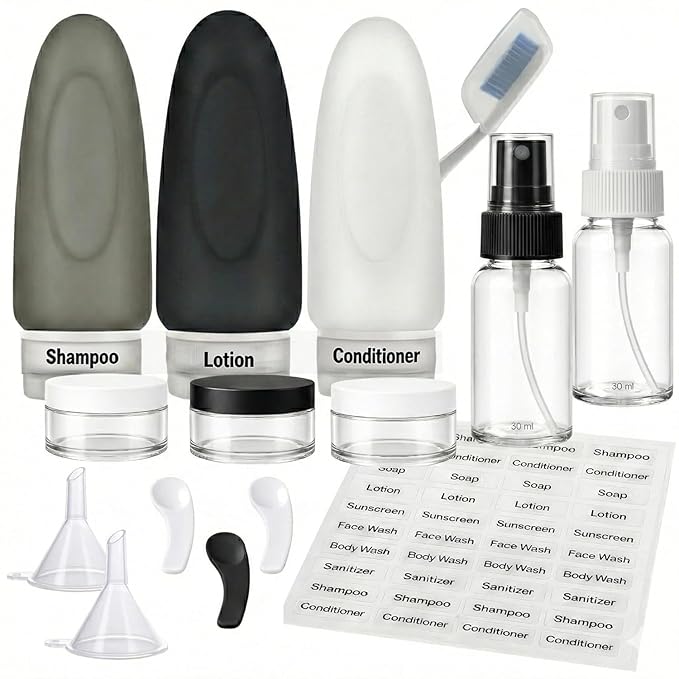 Dot&Dot Leak Proof Travel Bottles - TSA Approved 3oz 15 pc Silicone Toiletries Travel Shampoo & Conditioner Containers with Labels