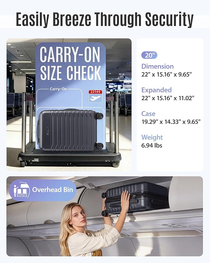 LIGHT FLIGHT Expandable Carry On Luggage 22x14x9 Airline Approved with Double Spinner Wheels, 20 Inch Lightweight Hard Shell Rolling Suitcases with TSA Lock, Black