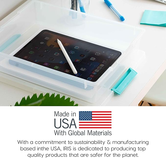 IRIS USA 6 Qt. Craft Storage Bins with Lids, 4-Pack, |Made in USA|, Clip Box, Small Plastic Sensory Bin Tote Organizer Containers for Art Supplies, Paper, & Office, Stackable - Clear/Seafoam Blue