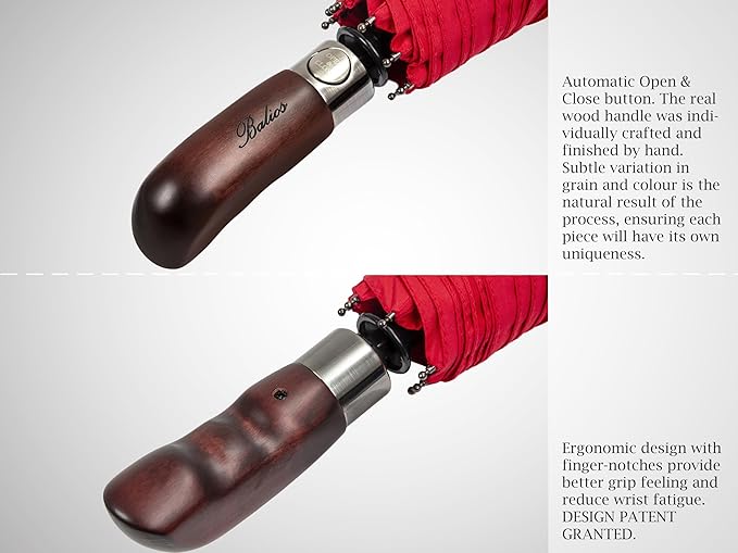 Balios Travel Folding Umbrella with Real Wood Handle Auto Open Close Vented Windproof Canopy - Designed in UK