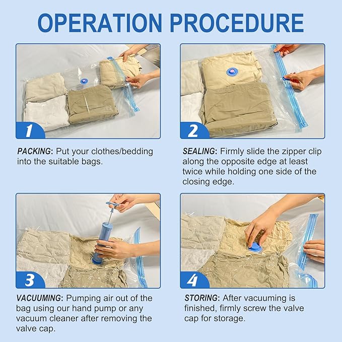 Vacuum Storage Bags with Hand Pump, Plastic Packaging Bags, 80% Space Saver Vacuum Seal Bags for Clothing, Travel Lugggage, Blankets, Comforters, 10 Medium