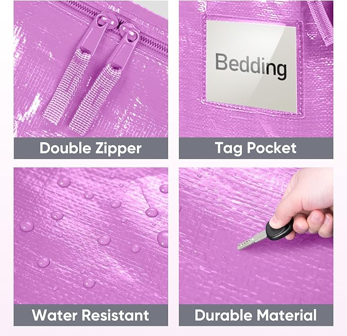 TICONN 6 Pack Extra Large Moving Bags Heavy Duty with Zippers & Carrying Handles, Durable Storage Bags Moving Boxes for Closet Organizers and Storage (6 Pack, Pink)