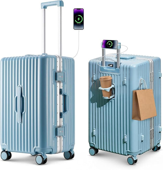 20 Inch Carry On Luggage, Aluminum Frame Zipperless Luggage, Hard Shell Suitcase with Charging Port, Cup Holder, TSA Lock, Phone Holder for Travel and Business Travel