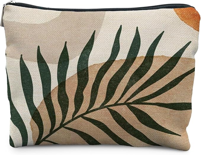 Abstract Boho Botanical Makeup Bag, Tropical Palm Leaf Cosmetic Bags for Women, Boho Gifts for Women, Minimalist Modern Plant Zipper Makeup Pouch