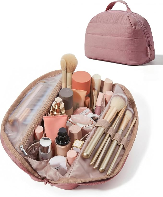 BAGSMART Travel Makeup Bag for Women, Portable Fold-down Cosmetic Case, Puffy Padded Make Up Organizer Pouch, Water-resistant Toiletry Bag for Toiletries, Brushes (Dark Pink)
