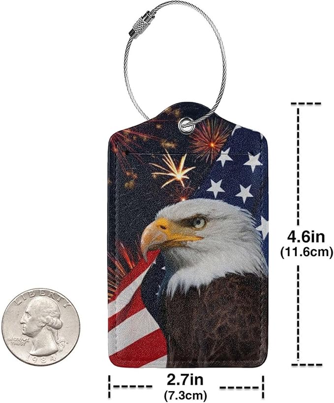 2 Pack Luggage Tags Travel American Flag Eagle PU Cute Leather Luggage Tag Name ID Labels with Privacy Cover Suitcases Women Men Girls Boys Fun Laggage Tags (American Eagle Flag)
