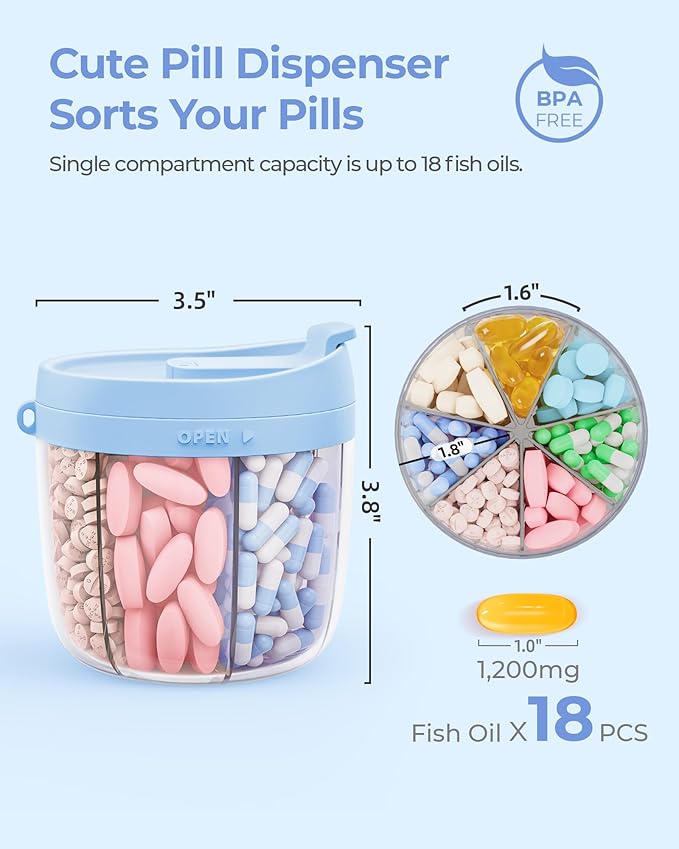 Cute Pill Dispenser with 7 Large Compartments, Portable Pill Bottle Organizer with Wide Opening for Easy Use, Anti-Mix Pill Organizer for Travel, BPA-Free Pill Container, Blue
