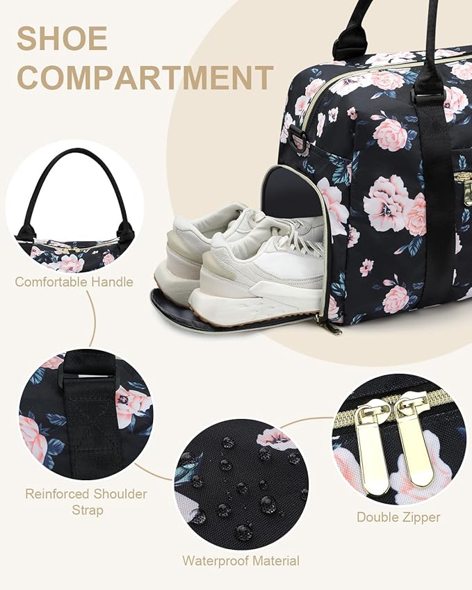 Travel Duffle Bag for Women Large Weekender Overnight Bags Gym Bag with Shoe Compartment Waterproof Hospital Bag Carry On Tote Bag for Airplanes,Black Flower