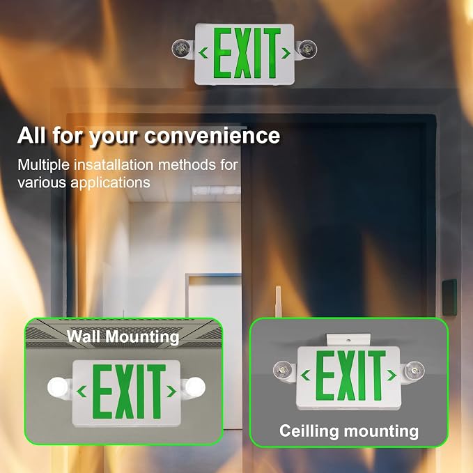 GZRUIYANG Exit Sign With Emergency Lights Green, LED Exit Light With Battery Backup, UL 924 Certified, AC 120/277V, Commercial Lights Combo for Business - 4 Pack