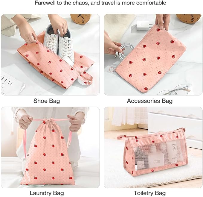 8 Set Packing Cubes for Suitcases,Packing Cube with Shoe, Cosmetics, Clothing, and Accessories Bags Packing Cubes for Travel Luggage Organizer Women Men(Pink Small Strawberry)
