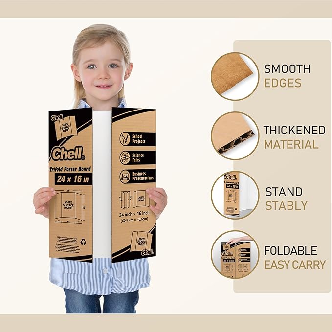 Chell Mini Size Trifold Poster Board, 16" x 24", Small Corrugated Project Boards, White, 12 Pack