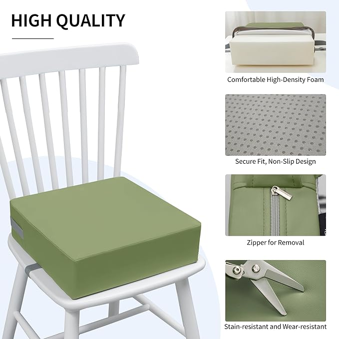Toddler Booster Seat Dining Table Kitchen Chair, Waterproof Anti-Scratch PU Cushion, Non-Slip Bottom, Adjustable Buckle Straps, Easy Clean Portable Seat Cushion (Green)