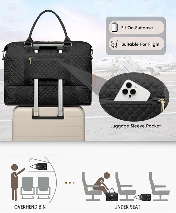 Women Weekender Travel Duffle Bags - Large Duffel Overnight Bag with Shoe Compartment & Toiletry Carry on Tote Weekend Yoga Gym Bags with Wet Pocket Hospital Bags for Labor and Delivery Black
