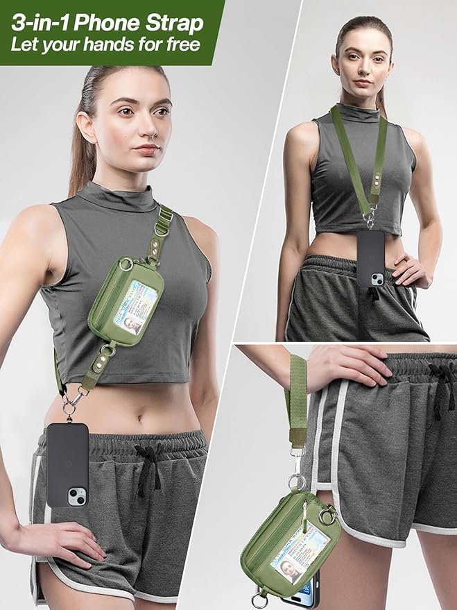 Tiostep Clip and Go Strap for Phone with Wallet Crossbody Phone Lanyard Adjustable and Detachable RFID Wristlet Wallet with ID Window and Zipper, Green