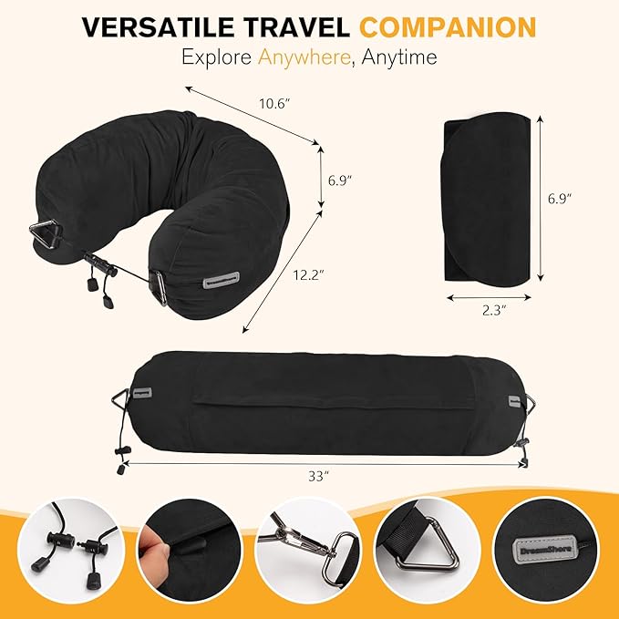 DreamShore Travel Pillow for Extra Luggage:Stuffable Neck Pillow with Adjustable Neck Size|Fits 3+ Days of Travel Essentials|Transformable Carry-On Solution|Soft Velvet Cover|No Filler(Black)