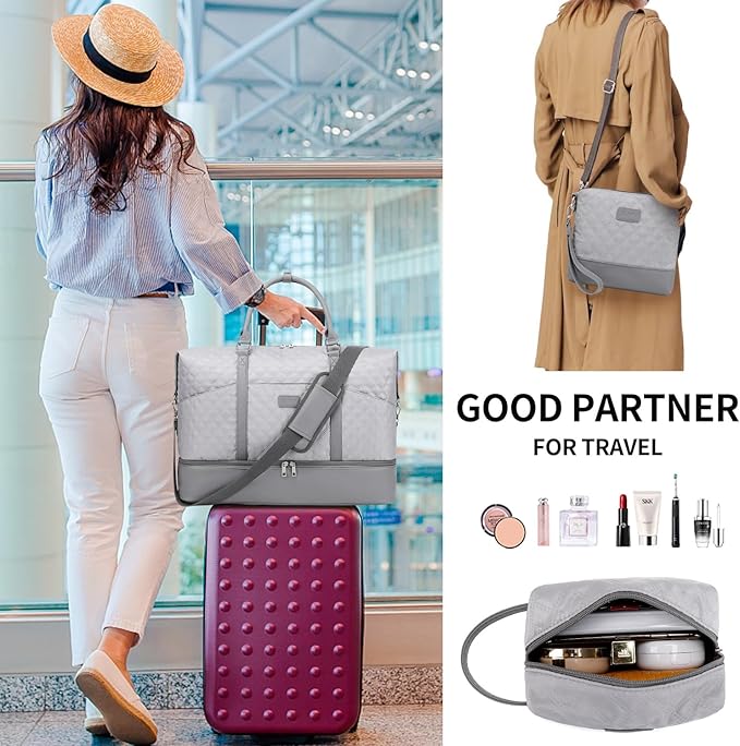 Weekender Bag, Large Travel Duffel Bag for Women, Carry on Overnight Bag with Shoe Compartment and Toiletry Bags