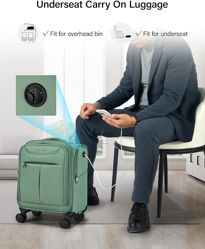Hanke Underseat Carry On Luggage with Wheels, Lightweight Small Suitcase Airline Approved 16 Inch Softside Personal Item Travel Bag for Women Men, Compact Under Seat Luggage.(Forest Green)