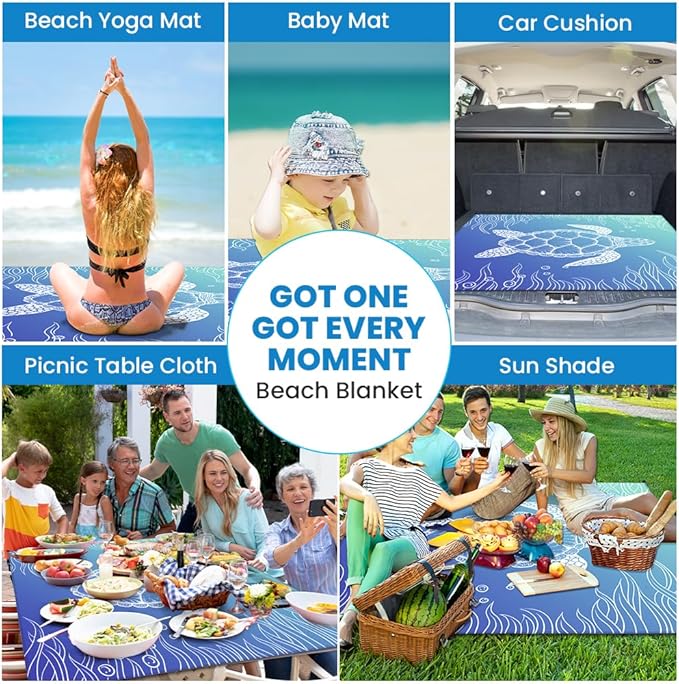 Ainiv Beach Blanket, Large Picnic Mat 210 x 200 cm (4-6 People) Foldable, Sandproof Waterproof, Camping Outdoor Blanket with 6 Fixed Nails for Beach, Hiking, Picnic
